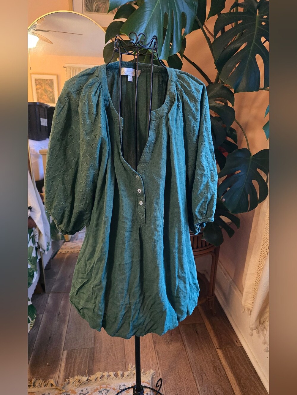 🐝🍯Suzanne Betro Weekend Hunter Green Gauze Eyelet Puff Sleeve Babydoll Top XL
